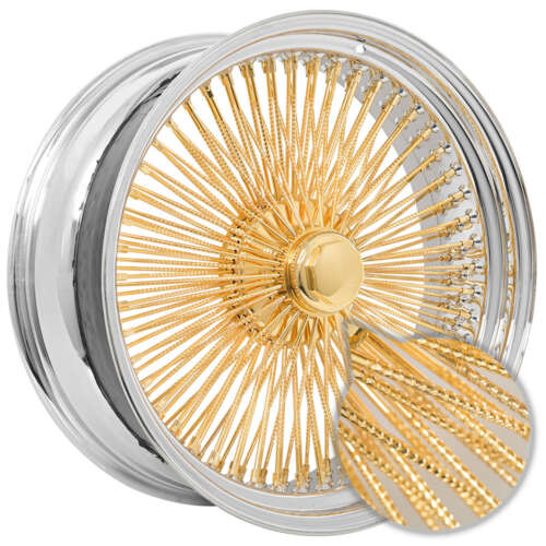 22×8″ LA Wire Wheels Standard Diamond Cut 150-Spoke Straight Lace Chrome with American Gold Plating Center Rims