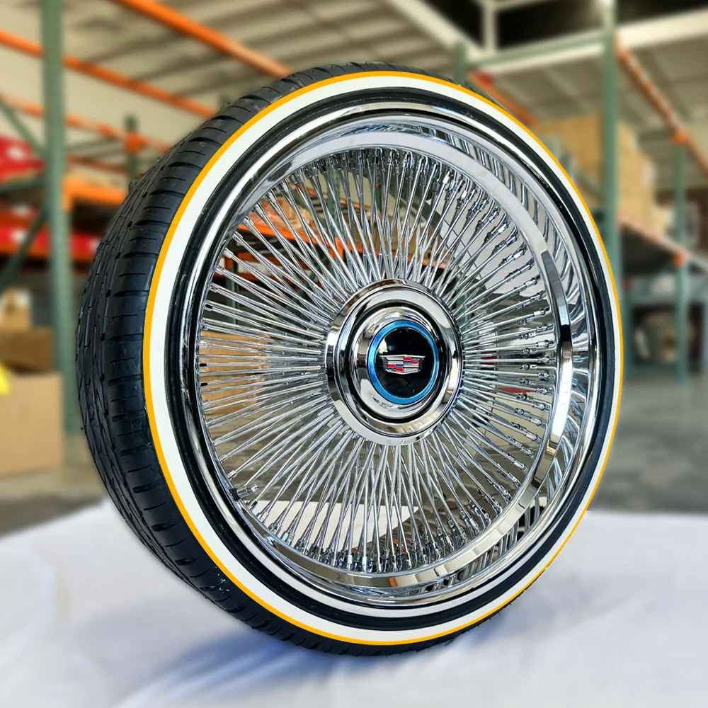 24″ Wire Wheels Chrome Staggered Direct Bolt + 275/25R24 True Whitewall and Gold Stripe – Set of 4